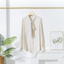 春季新款真丝衬衫女长袖桑蚕丝大飘带衬衣蝴蝶结印花波点款女装