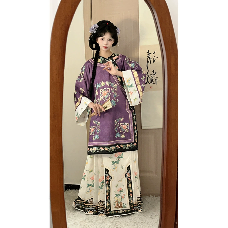 Новый осенний и зимний костюм в клетку Hanfu династии Цин с диагональным круглым вырезом