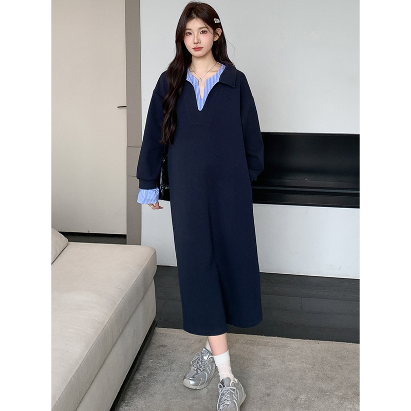 E-61307 # New autumn French-style loose plus-size faux two-piece long dress, spring and autumn maternity dress E-61307 # New autumn French-style loose plus-size faux two-piece long dress, spring and autumn maternity dress