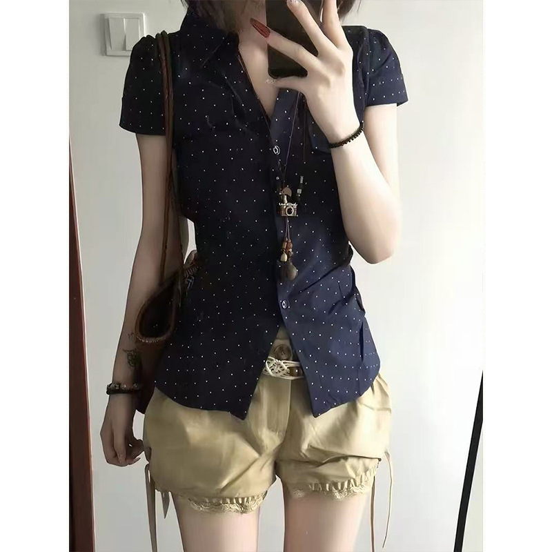 Mosesqueen Navy Blue Polka Dot Short-Sleeve Shirt Summer Slim Fit Waist-Cinching Pocket Shirt Mosesqueen Navy Blue Polka Dot Short-Sleeve Shirt Summer Slim Fit Waist-Cinching Pocket Shirt