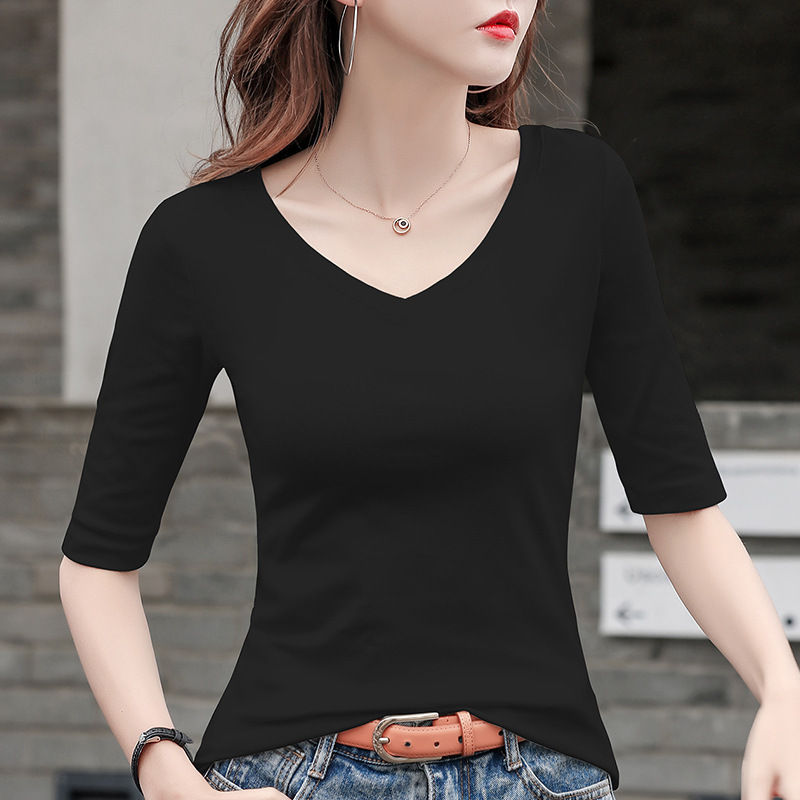 女性用ミッドスリーブTシャツVネック2025新作七分袖トップスとファッショナブルな七分袖ボトムシャツ|undefined