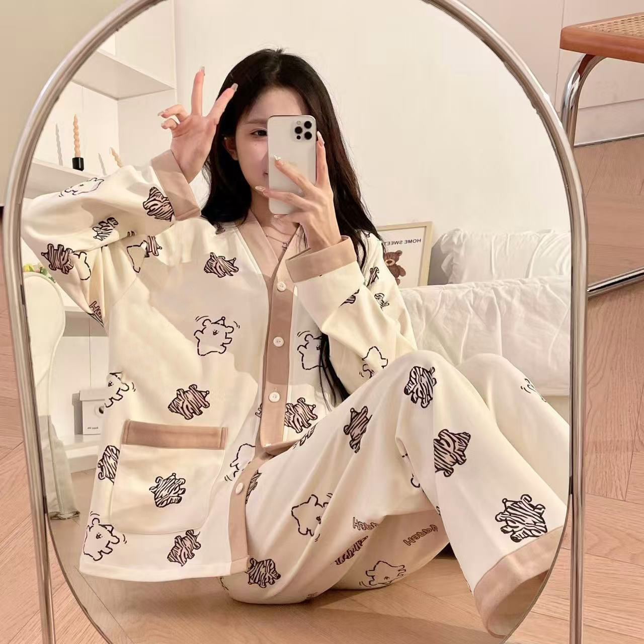 2025 pijama de perro de jade Gui primavera y otoño para mujeres manga larga dibujos animados adorables estudiantes adolescentes gran tamaño gordo mm ropa de hogar