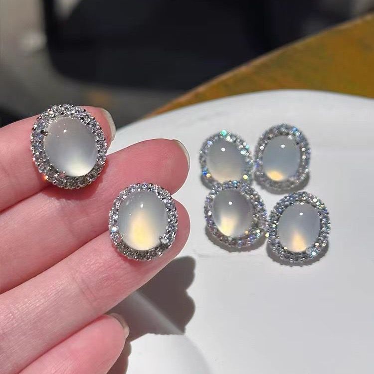 批发925银针冰种白玉髓绿玛瑙粉玉石耳钉新中式国风镶嵌款耳饰品