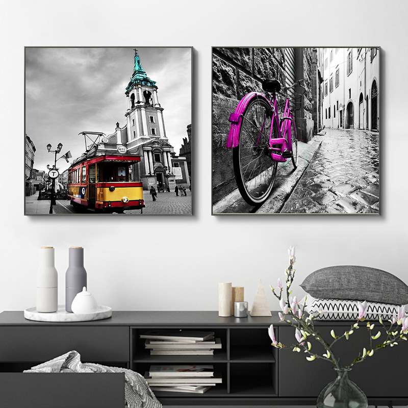 Modern Black And White Red City Street Scenery Bus Bicycle Bedroom Home Decor Painting Core Print_voghion.com
