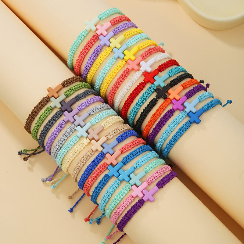 European and American simple fashion woven wax rope adjustable beach surfing colorful acrylic cross bracelet