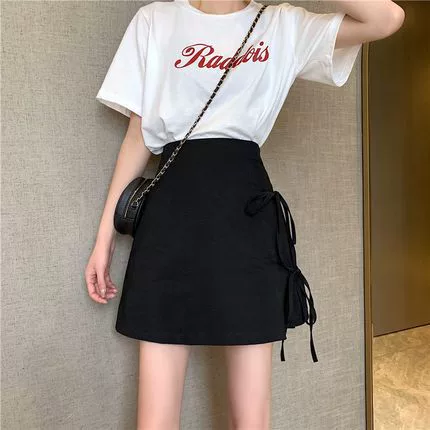 Summer fitted skirt with bow for elementary school students, Korean style, high waist, A-line