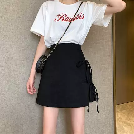 Summer fitted skirt with bow for elementary school students, Korean style, high waist, A-line