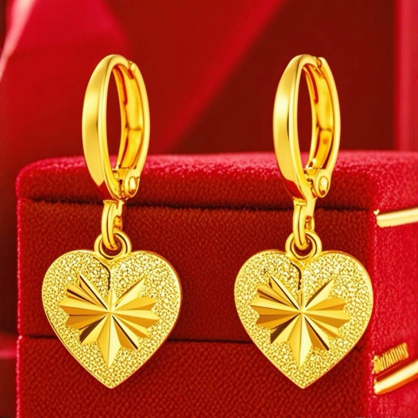 Vietnamese Sand Gold Women's Earrings, Versatile Water Drop Earrings, Heart Peach Ear Clips, Flower Crown Earrings for Women