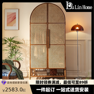 Quiet Style Rattan Artistic Creative Wardrobe Modern Simple Solid Wood Cabinet for Homestay Bedroom Multi-functional Wardrobe