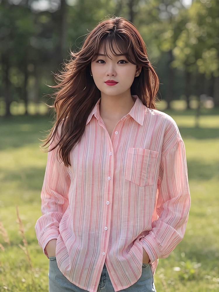 65-160kg Plus Size Women's Casual Shirt 2026 Spring and Autumn New Style for Chubby Girls Striped Sun-Protective Long-Sleeve Top