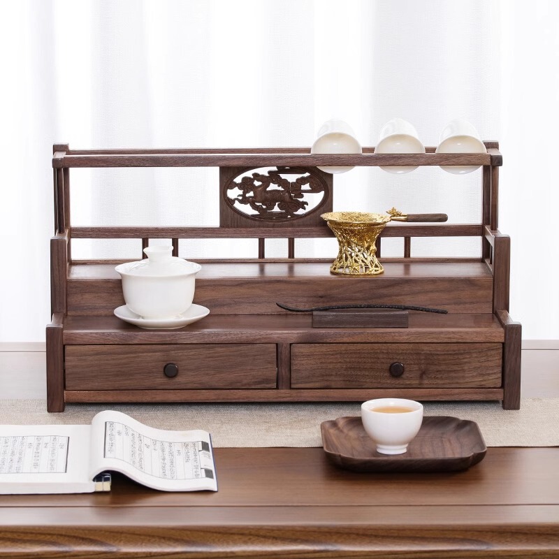 Tea Set Storage Rack North American Walnut Double-Layer Antique Rack Solid Wood Teapot Teacup Draining Rack Tea Set Storage