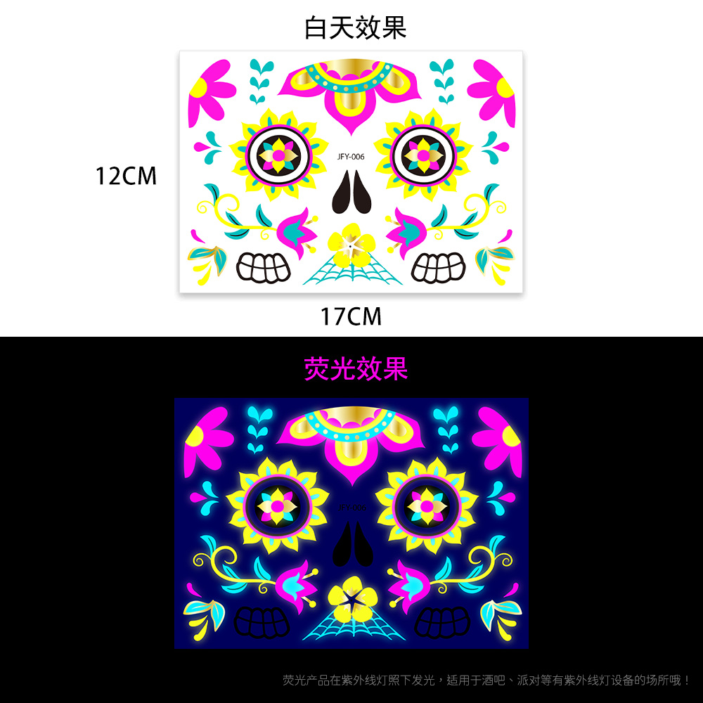 Tatuajes Temporales Metalizados para Cara de Papel de Transferencia de Agua, Fluorescente para Fiesta de Halloween