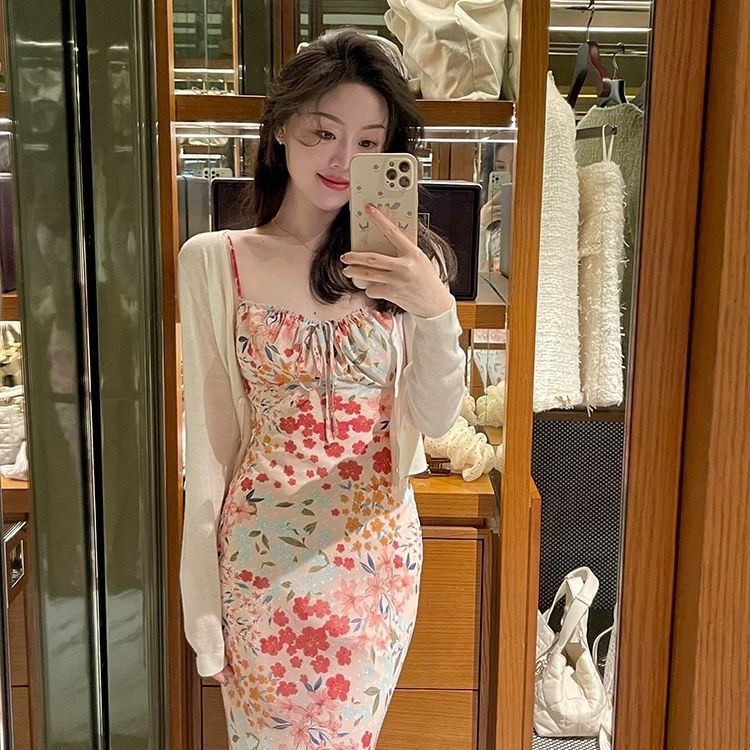 Tea Break French-Style Pink Floral Spaghetti Strap Dress for Women, Summer 2025 New Early Spring Elegant Bodycon Long Dress Tea Break French-Style Pink Floral Spaghetti Strap Dress for Women, Summer 2025 New Early Spring Elegant Bodycon Long Dress