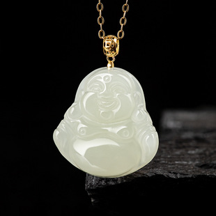 Genuine Natural Old Material Hetian Jade Buddha Laughing Buddha Jade Pendant 18K Gold Inlay Fashion High-end Women's Pendant