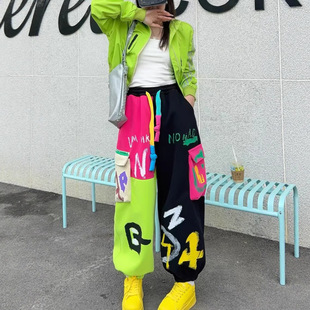 Summer Dopamine Colorful Letter Print Contrast Elastic Waist Loose Large Pocket Cargo Pants European Drawstring Hot Pants