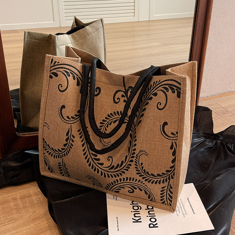 765g Weight Magnetic Buckle Closure Type Double Handle Strap Type Handbag Bags Type Casual, Holiday Occasion Hemp Material Geometric Pattern All Seasons Season Women's Gender Elegant, Vintage Style Style Square Shape Women's Hemp Geometric Elegant Vintage Style Square Magnetic Buckle Handbag 5