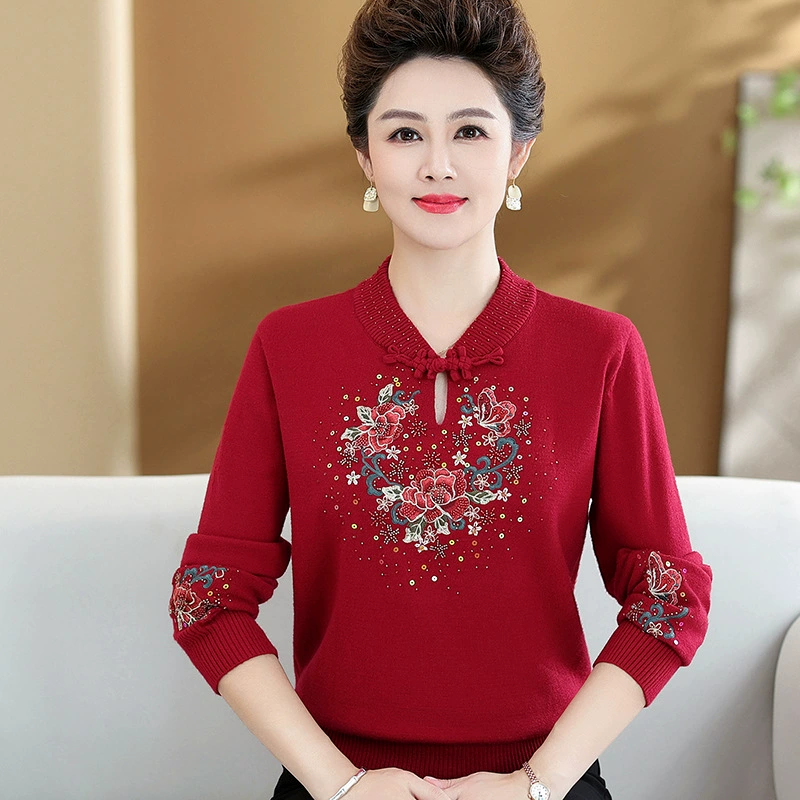Элегантный Свадебный свитер для полных мам среднего возраста, осенне-зимний свитер с воротником чонсам, счастливый нижний свитер для пожилых женщин больших размеров