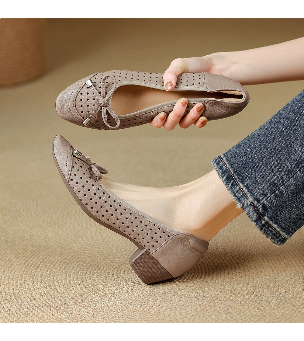 Giày sandal nữ hở mũi gót thấp 3,5 cm, thiết kế đục lỗ thoáng mát, phong cách đơn giản bốn mùa — màu trắng ngà chi tiết 6
