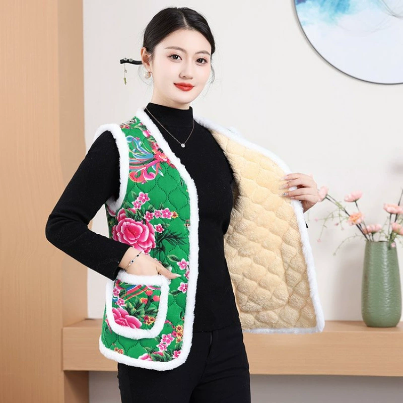 Мама осенью и зимой плюшевый жилет среднего и пожилого возраста женский северо-восточный большой цветок теплый жилет для пожилых людей