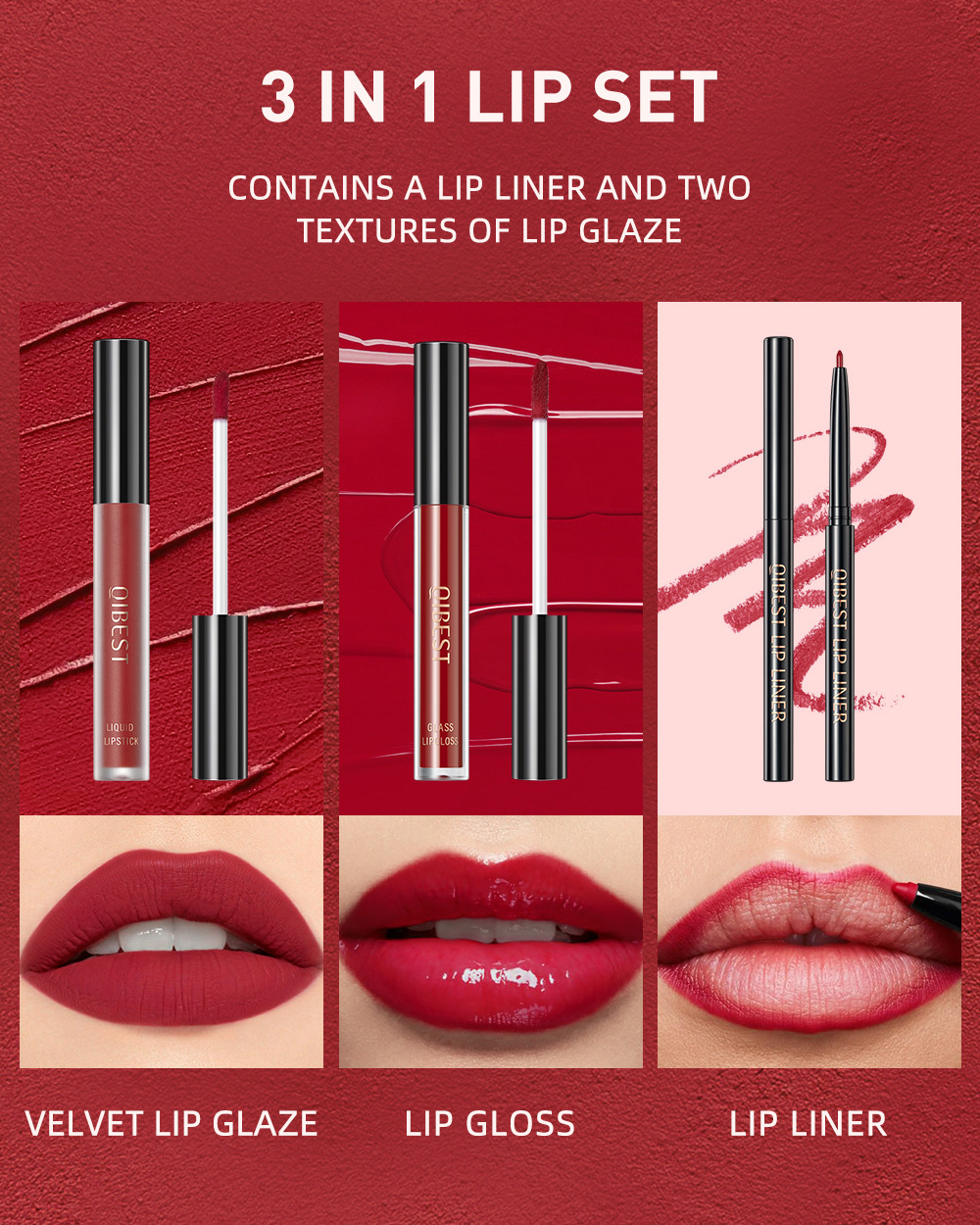 QIBEST Cross Border non-stick cup non-fading lip glaze matte mist moisturizing lip line set 3-in-1 Makeup Specification drawing
