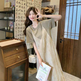 胖妹妹加大码300斤森系假两件圆领短袖连衣裙女夏宽松显瘦时尚T恤