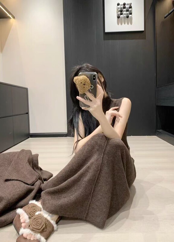 时尚气质高级感针织套装女秋冬新款半高领背心连衣裙+开衫两件套|undefined