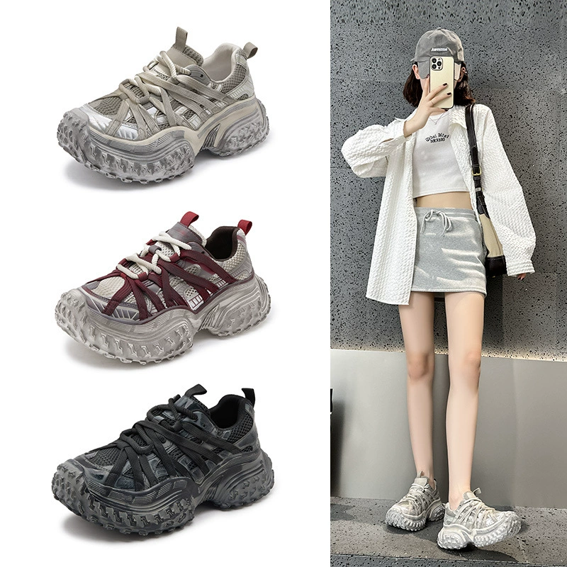 Женские кроссовки Paris Retro Distressed Ancora красные, весна 2025, на толстой подошве, с завязками, спортивные, в стиле dirty shoes