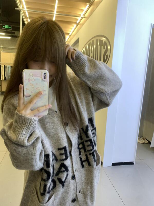 美式复古V领针织开衫外套女秋冬休闲宽松慵懒风毛衣外套早秋穿搭|undefined