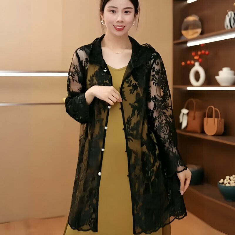 Black Lace Printed Hooded Windbreaker for Women, Summer Mid-Length Shirt, Elegant Cardigan, Thin Transparent Sun Protection Jacket Black Lace Printed Hooded Windbreaker for Women, Summer Mid-Length Shirt, Elegant Cardigan, Thin Transparent Sun Protection Jacket