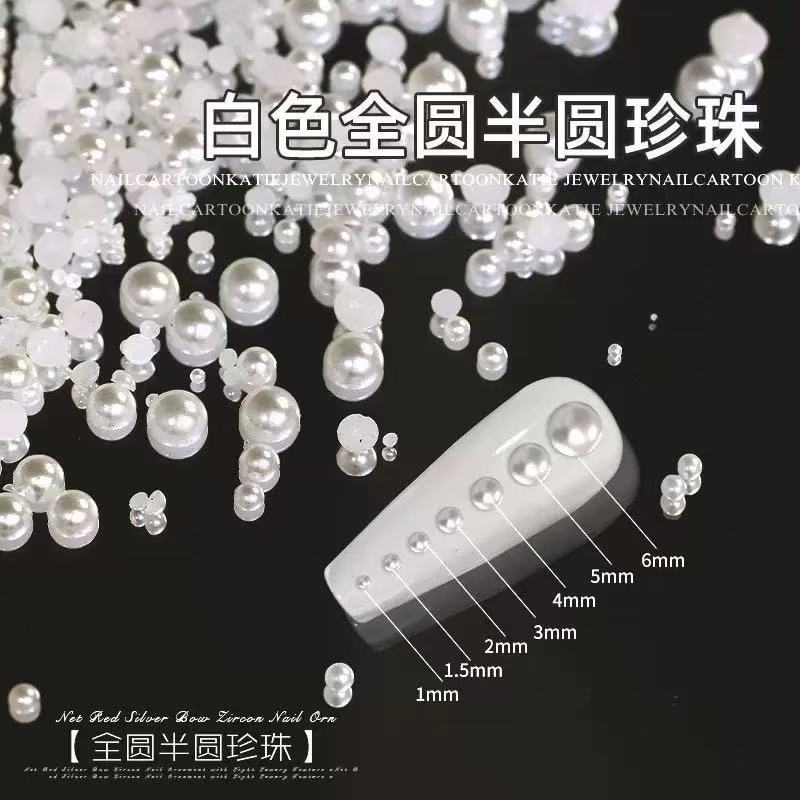 Joyas de manicura de perlas blancas puras no se desprenden de la piel de la bolsa plana de fondo redondo medio redondo de perlas brillantes de uñas especiales