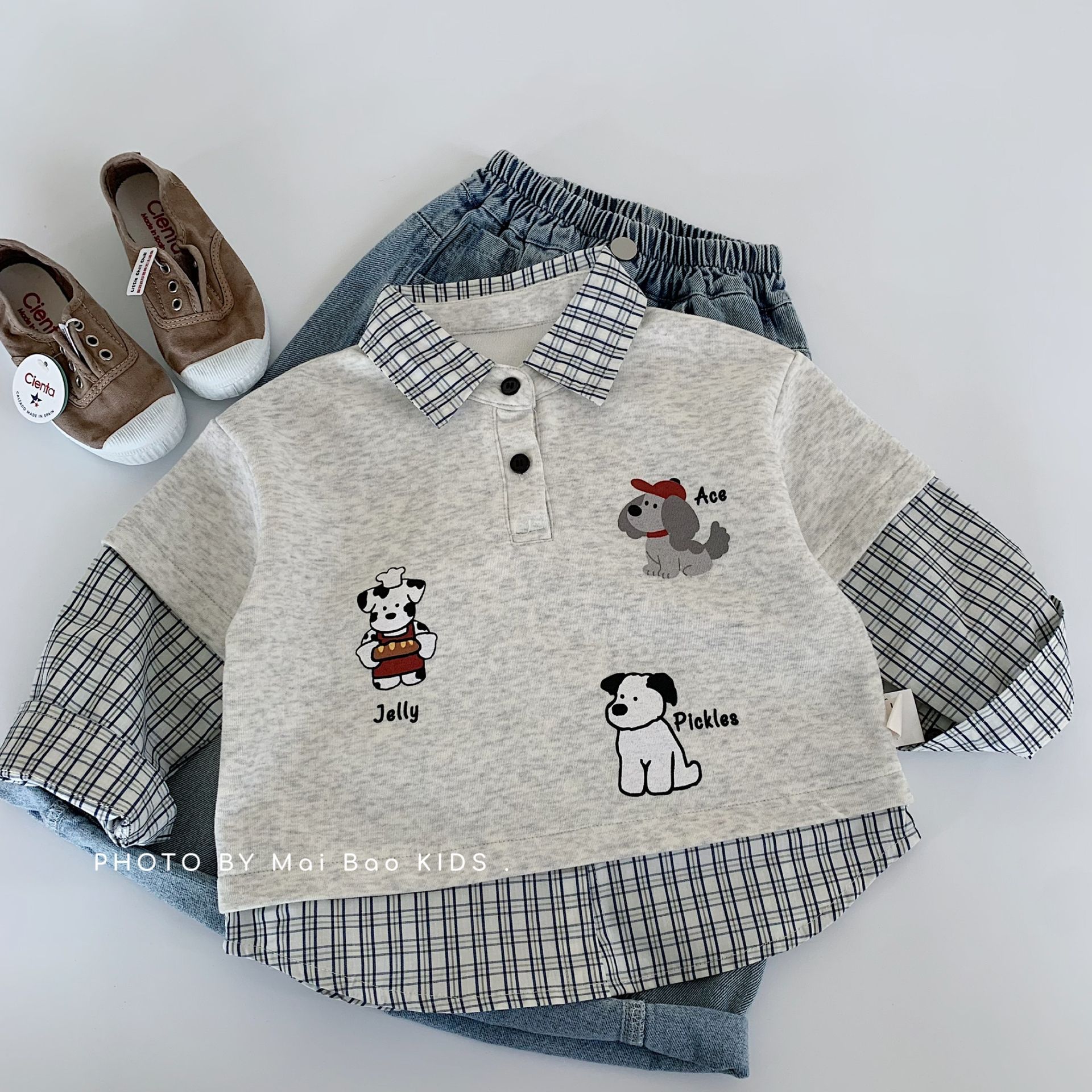 Maibao Children's Sweatshirt 2026 Spring and Autumn New Style Boys and Girls Plaid Fake Two-Piece Pullover Baby Turn-Down Collar Top Trendy