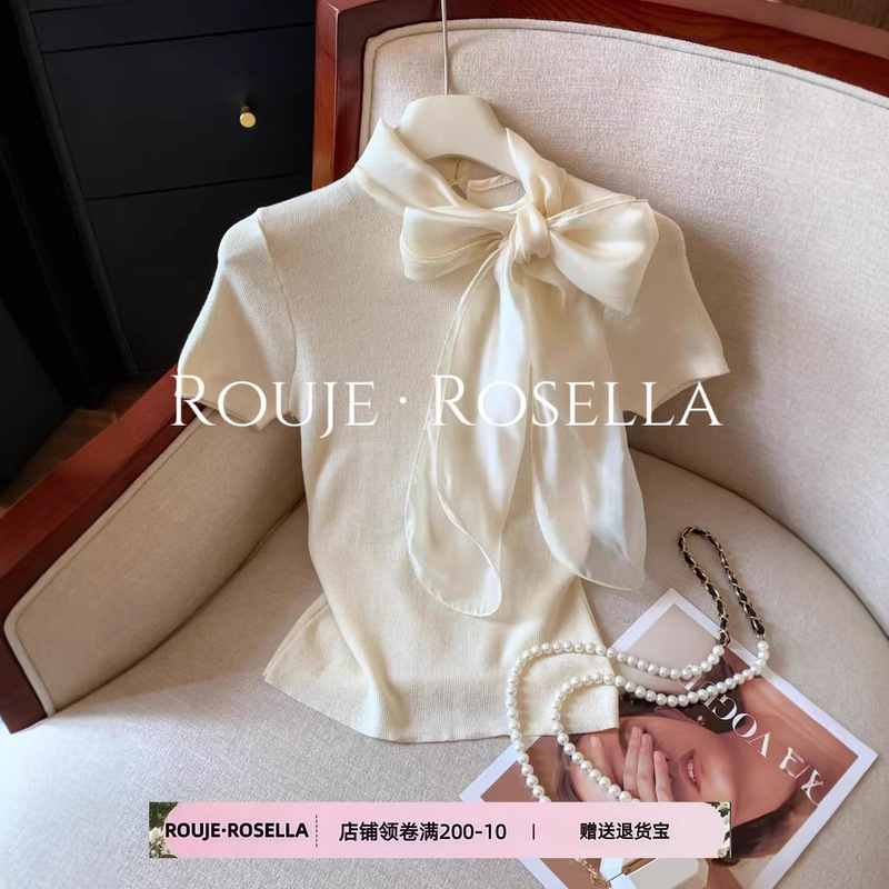 French Rouje Rosella Is Chic and Age-Reducing ⭐ Bow Tie Ribbon Short-Sleeved T-Shirt Women's Summer Knitted Top French Rouje Rosella Is Chic and Age-Reducing ⭐ Bow Tie Ribbon Short-Sleeved T-Shirt Women's Summer Knitted Top
