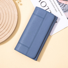 日式长款拼接车缝真皮钱包时尚rfid多卡位手拿包简约拉链女零钱简