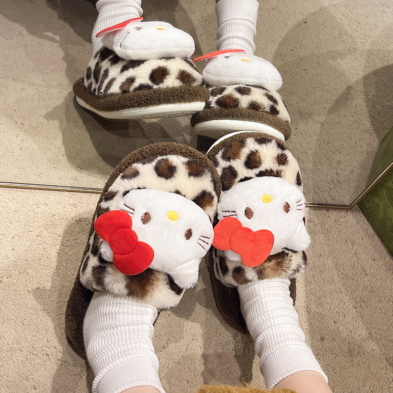 舒适豹纹小众设计毛毛拖鞋居家室内防滑包头拖女2024新款秋冬棉拖