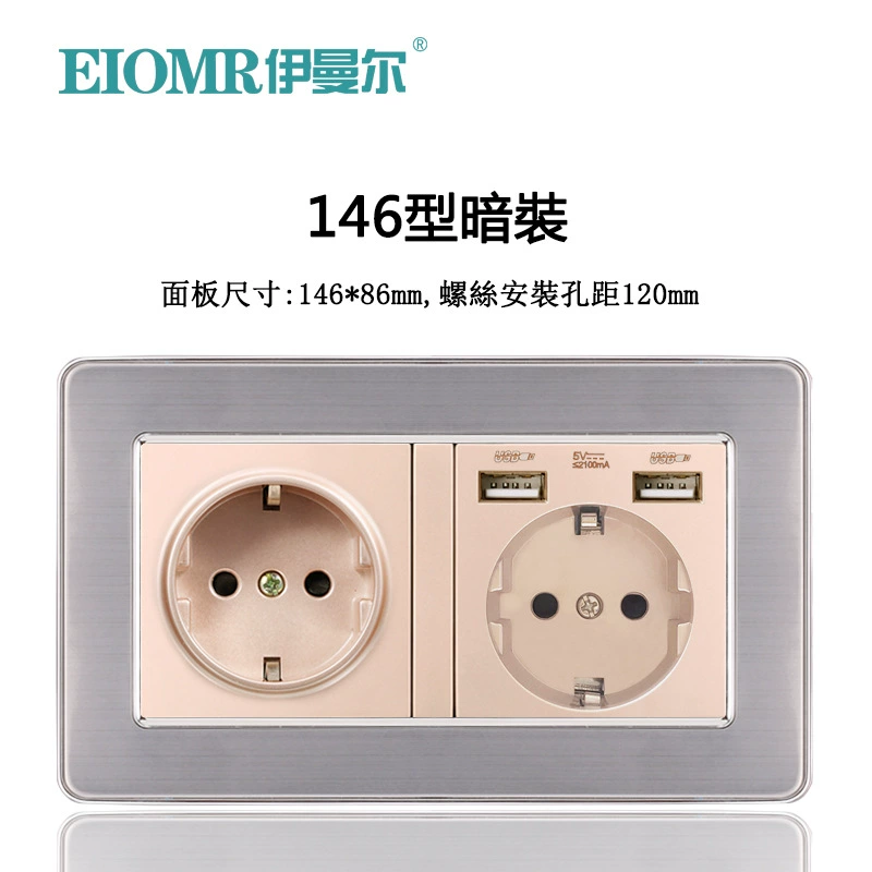 Dual European socket panel 16A, dual USB charging, multiple finishes (German/French, glass/metal)