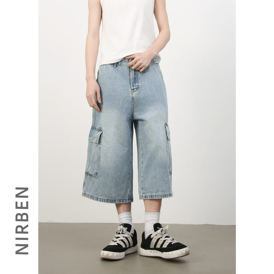 Quần short jean nam ống rộng nhiều túi phong cách hip-hop đường phố, quần lửng mùa hè — Màu xanh lam, Xanh lam làm cũ, Xanh lam nhạt