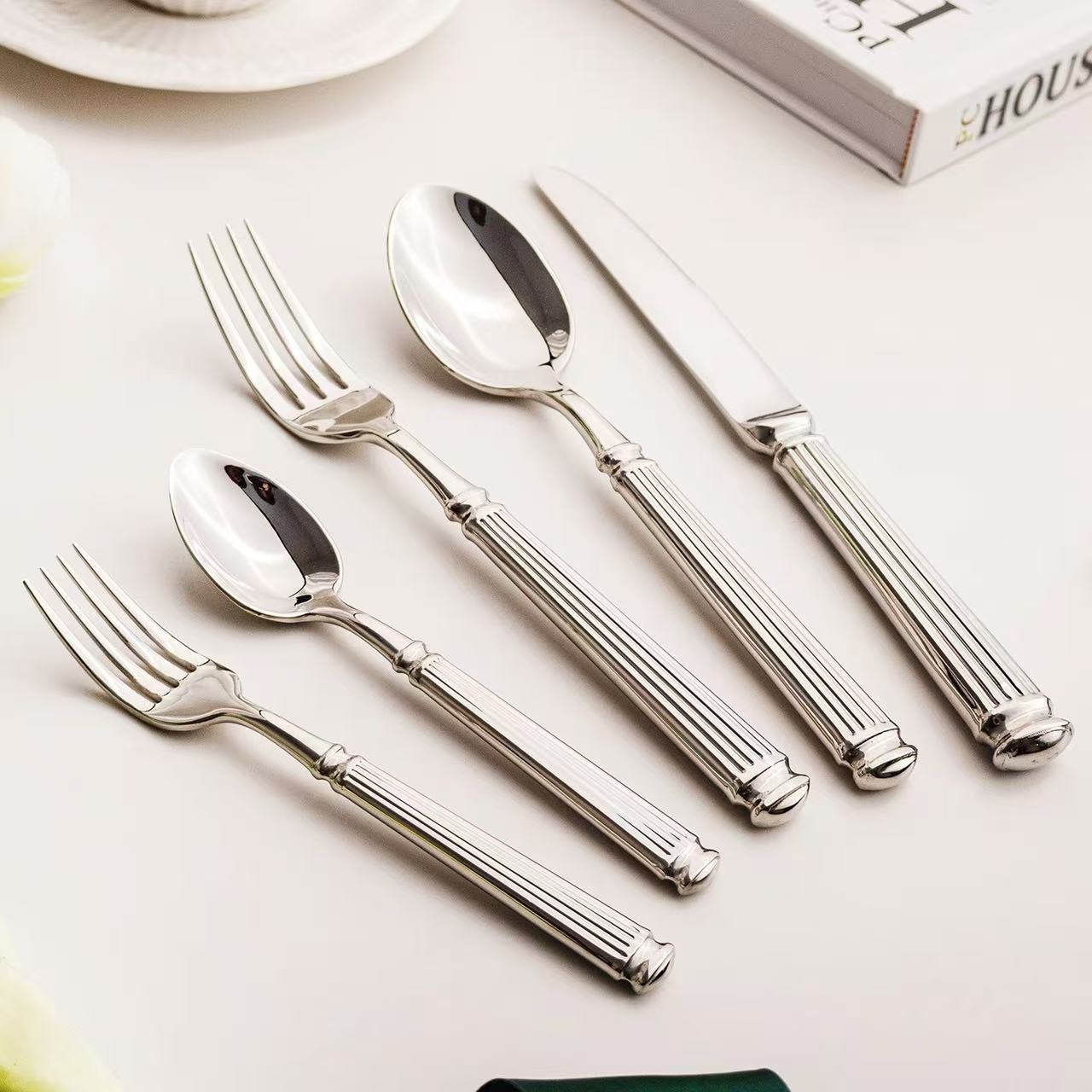 304不锈钢欧式刀叉勺 高档简约罗马柱餐具酒店餐厅牛排刀叉子汤勺