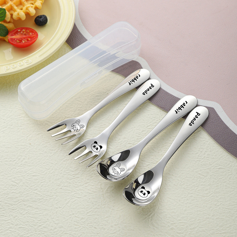 316 Stainless Steel Children's Spoon and Fork Set Cartoon Portable Tableware Cute Flat-Bottomed Spoon 316 Stainless Steel Children's Spoon and Fork Set Cartoon Portable Tableware Cute Flat-Bottomed Spoon