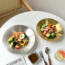 韩式加深盘子不锈钢加厚餐盘金色圆形水果盘意面盘家用菜盘拌面盘