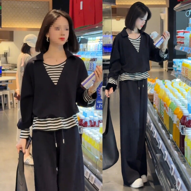 时尚休闲套装女2025秋季新款洋气条纹拼接假两件上衣阔腿裤两件套|undefined