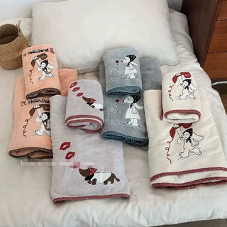 可爱小狗刺绣浴巾女家用吸水速干成人洗澡裹巾卡通珊瑚绒洗脸毛巾
