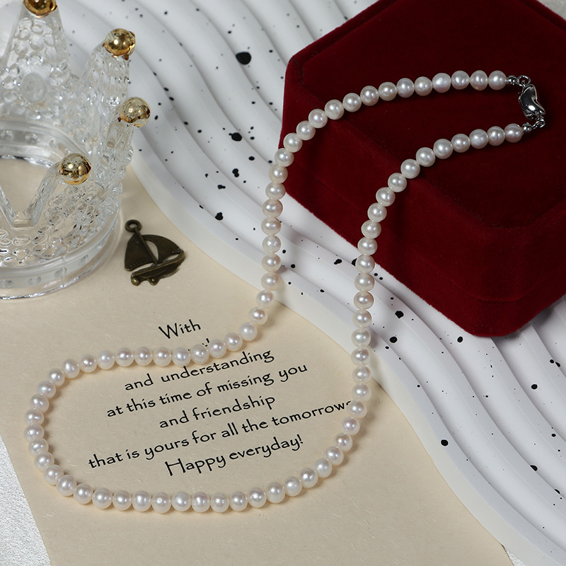 5-6mm Natural Freshwater Pearls S925 Solid Silver Necklace with Zirconium Lock Clasp, Lock Chain for Wholesalers