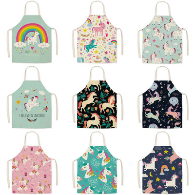 亞麻布藝卡通獨角獸圍裙防油汙圍腰親子廚房成人無袖挂脖圍裙定制
