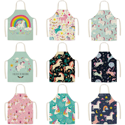 Faux Linen Art Cartoon Unicorn Apron Oil-Proof Waist Apron Parent-Child Kitchen Adult Sleeveless Neck Apron
