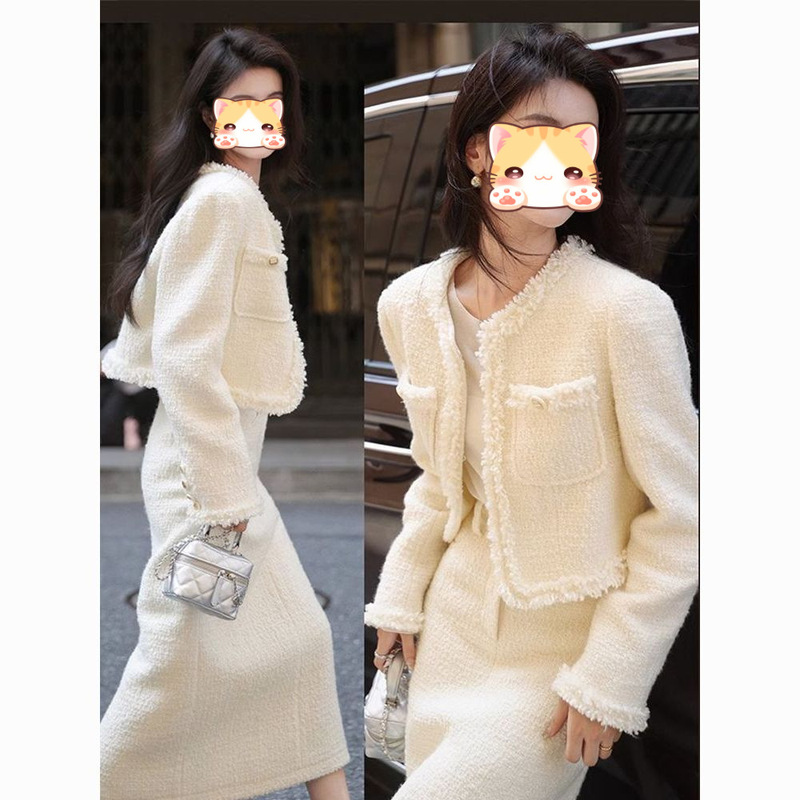 富家千金大小姐气质小香风两件套装裙女秋冬圆领长袖短外套感|undefined