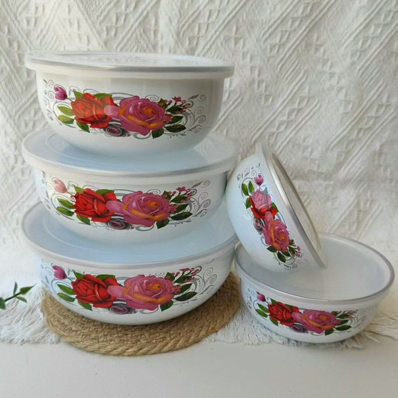 Esmalte de esmalte con tapa hogar fresco mezclado ensalada frutero refrigerador almacenamiento apilable 5 piezas tazón de arroz tazón de sopa