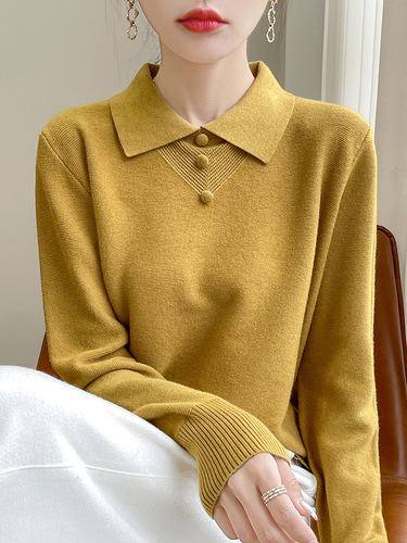 Women's Long-Sleeve Loose Knit Collar Shirt with Age-Defying Polo Collar, Button Accent, Early Autumn Base Layer Top