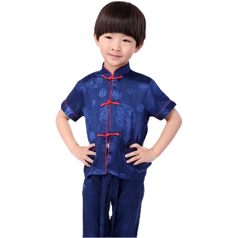 Special Clearance Sale Red Boys' Summer Outfit Short-Sleeve Long Pants Tang Suit Chinese Dragon Kung Fu