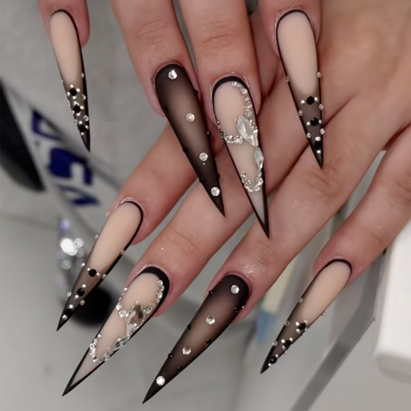 European and American Style Long Pointed Glittering Dark French Manicure Nail Tips, 24 Pieces, Foreign Trade Fake Nails with a High-End Handmade Feel European and American Style Long Pointed Glittering Dark French Manicure Nail Tips, 24 Pieces, Foreign Trade Fake Nails with a High-End Handmade Feel