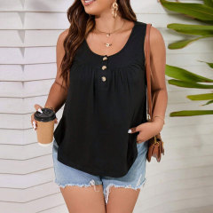 跨境歐美大碼女裝亞馬遜2024新款u領無袖寬鬆休閒針織背心上衣